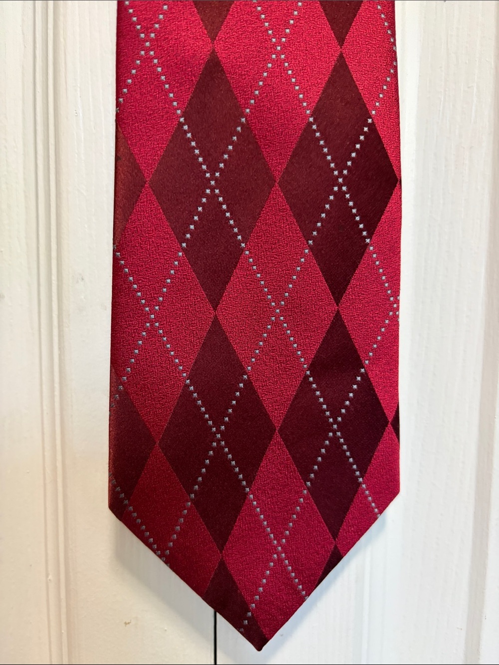 Geoffrey Beene Red Argyle Silk Tie Silver Dots